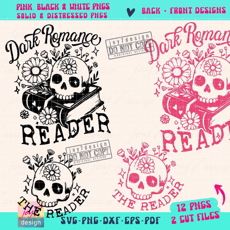Dark Romance Reader SVG PNG Book lover Floral Skull Svg Reader Svg Book lover Sublimation Bookish Svg Reading skeleton Svg Cut File ORIGINAL image 2