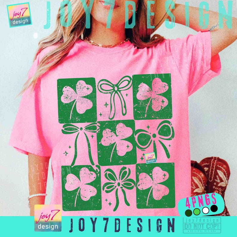 Puede incluir: Camiseta rosa con un dise&ntilde;o gr&aacute;fico verde y rosa con tr&eacute;boles y lazos. La camiseta tiene el texto "JOY7 DESIGN" y "4PNGS".