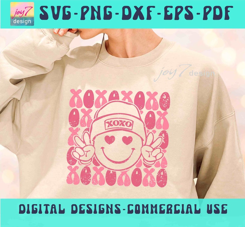 XOXO SVG PNG Love Happy Face Png Retro Valentines Day Hugs and Kisses ...