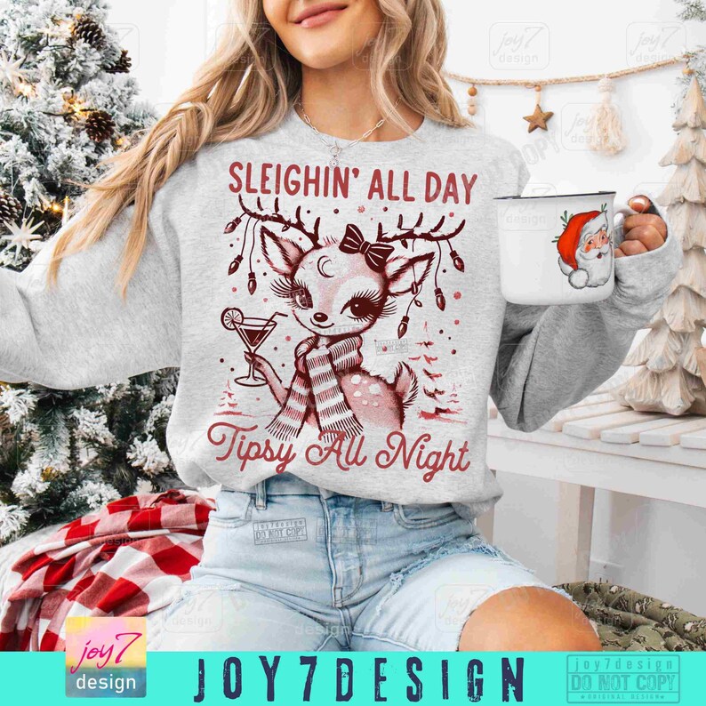 Sleighin All Day Funny Drinking Christmas PNG Retro Reindeer Christmas Drinking Png Tipsy Christmas Alcohol Vintage Xmas Trendy Png ORIGINAL image 4