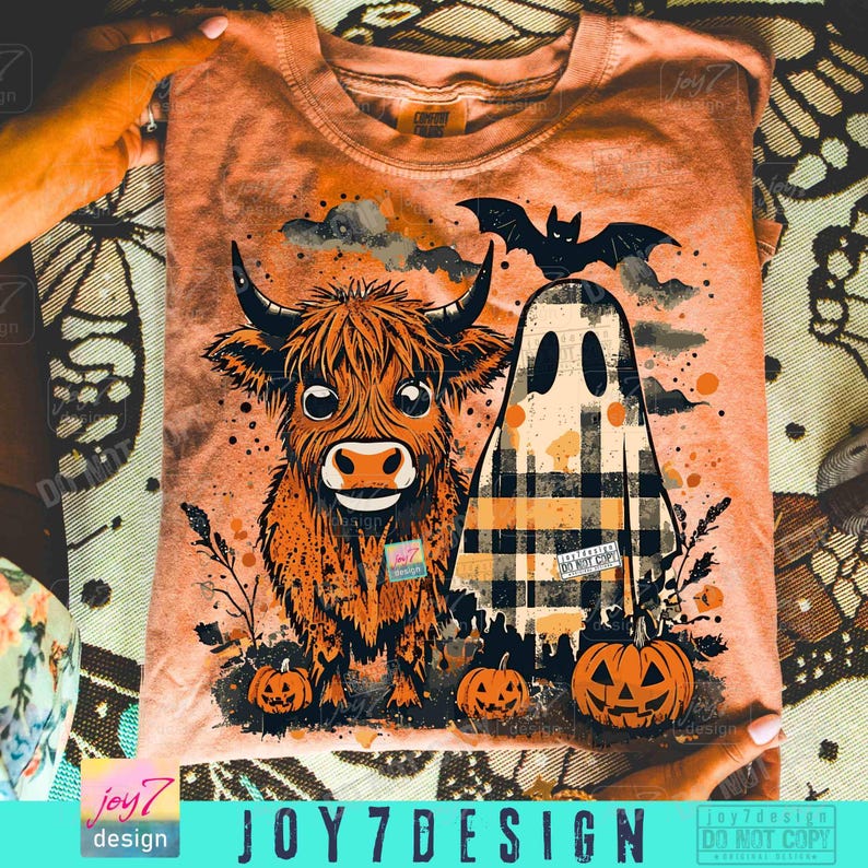 Cute Fall Highland Cow Ghost PNG Checkered Halloween Western Spooky Season Autumn Cow Shirt design Boo ghost Fall Pumpkin Cow Lover ORIGINAL image 4