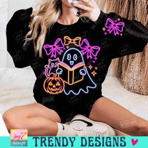 Ghost Book Cat Colorful Neon PNG Neon Halloween Png Neon Boo Ghost Pumpkin Bookish Png Ghost reader Coquette Neon Spooky Ghost Png ORIGINAL image 6