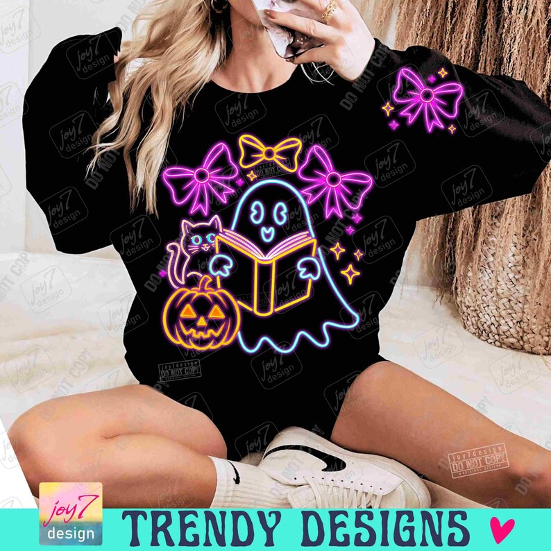 Ghost Book Cat Colorful Neon PNG Neon Halloween Png Neon Boo Ghost Pumpkin Bookish Png Ghost reader Coquette Neon Spooky Ghost Png ORIGINAL image 6