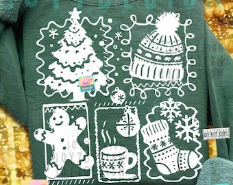 May include: A dark green sweatshirt with a white Christmas-themed design. The design includes a Christmas tree, a knit hat with a pom-pom, a gingerbread man, a mug of hot cocoa, and a Christmas stocking. The text "JOY7DESIGN" is at the bottom.