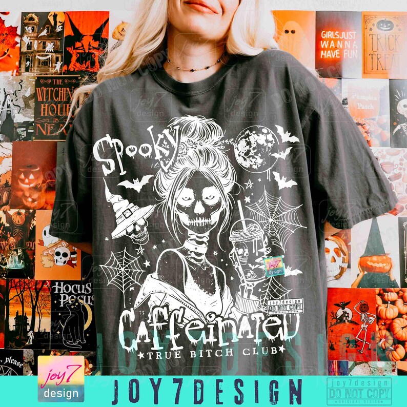 Spooky Caffeinated True B*tch Club Snarky Halloween PNG Divertente Scheletro Halloween Messy Bun Witchy Png Spooky Mom Coffee Fall design ORIGINALE immagine 5