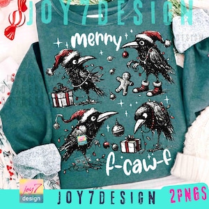 May include: Teal sweatshirt with a festive design featuring four black crows wearing Santa hats and holding Christmas ornaments and gifts. The text reads "merry f-caw-f".