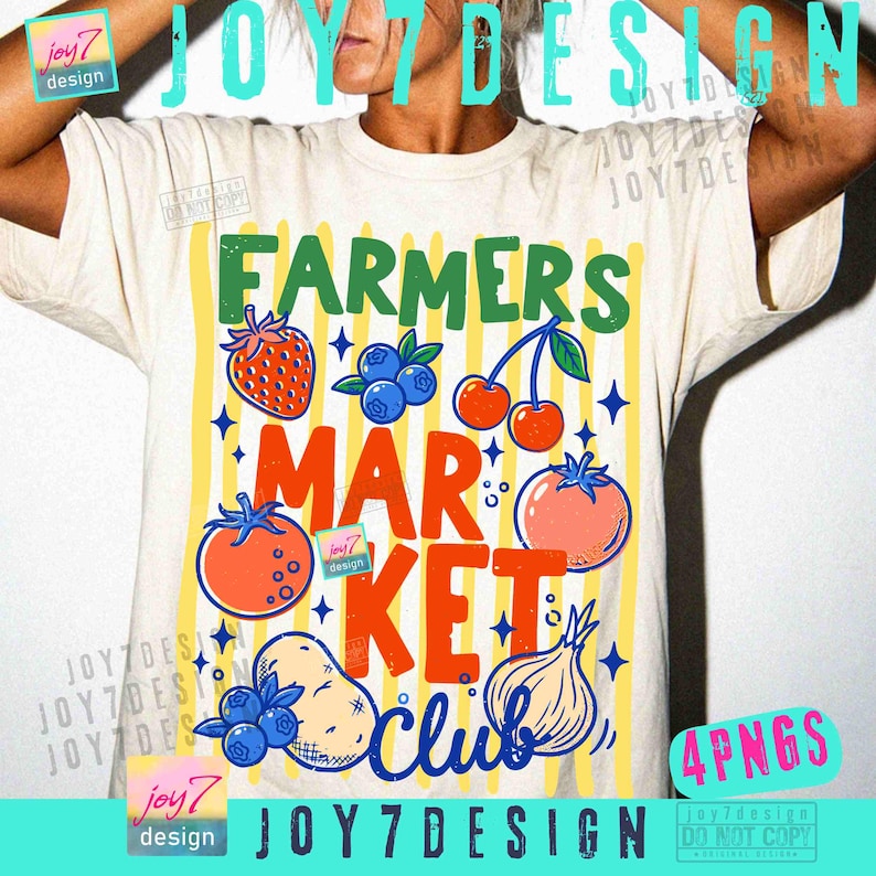 May include: Cream-colored t-shirt with a colorful graphic design. The design features the words "FARMERS MARKET CLUB" with illustrations of fruits and vegetables, including strawberries, blueberries, cherries, and tomatoes. The shirt has a vintage style.