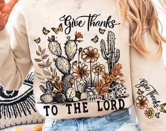 Give Thanks To The Lord PNG Retro Western Christian Fall Boho Thanksgiving Bible verse Psalm 136:1 God Png Autumn Christian Boho PngORIGINAL