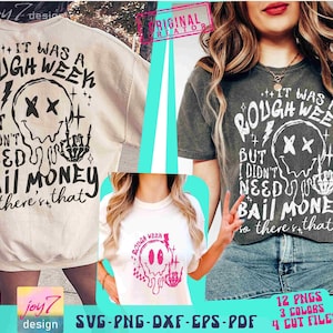 May include: A white sweatshirt with a black graphic design that says "It was a rough week but I didn't need bail money so there's that". The graphic includes a skull with crossbones and a skeleton hand with a middle finger.