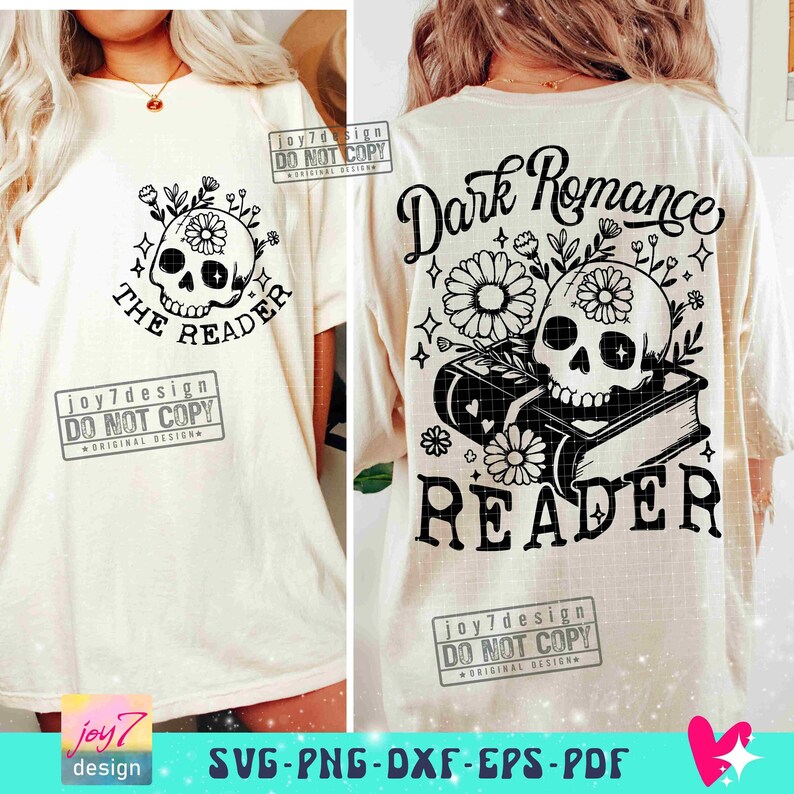 Dark Romance Reader SVG PNG Book lover Floral Skull Svg Reader Svg Book lover Sublimation Bookish Svg Reading skeleton Svg Cut File ORIGINAL image 3