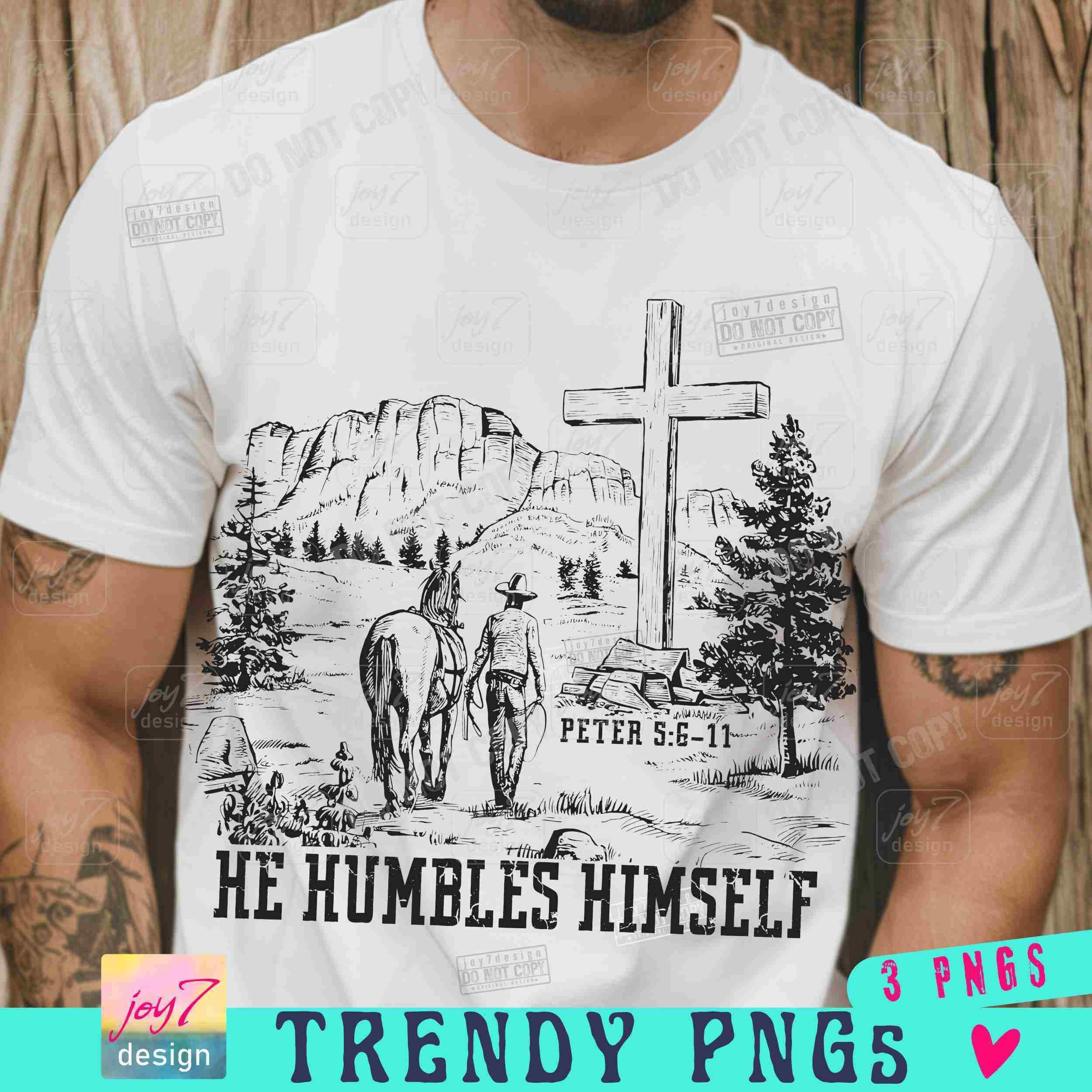 Hij vernedert zichzelf png mensbijbelvers Peter 5:6-11 png mens christelijk land png cowboy retro religieus westers christelijk geloof ORIGINEEL