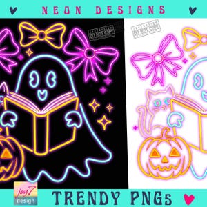 Ghost Book Cat Colorful Neon PNG Neon Halloween Png Neon Boo Ghost Pumpkin Bookish Png Ghost reader Coquette Neon Spooky Ghost Png ORIGINAL image 2