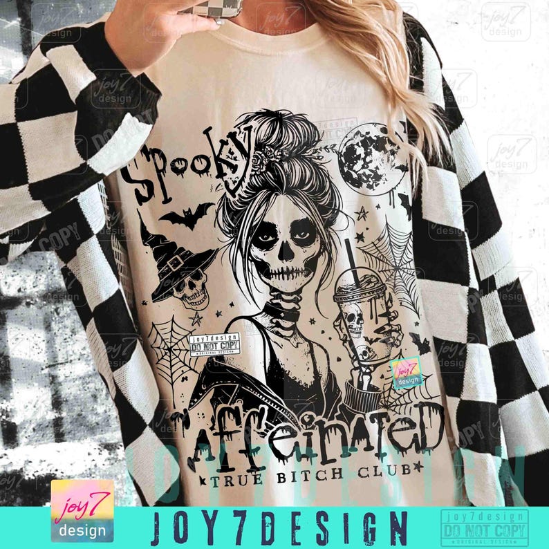 Spooky Caffeinated True B*tch Club Snarky Halloween PNG Divertente Scheletro Halloween Messy Bun Witchy Png Spooky Mom Coffee Fall design ORIGINALE immagine 6