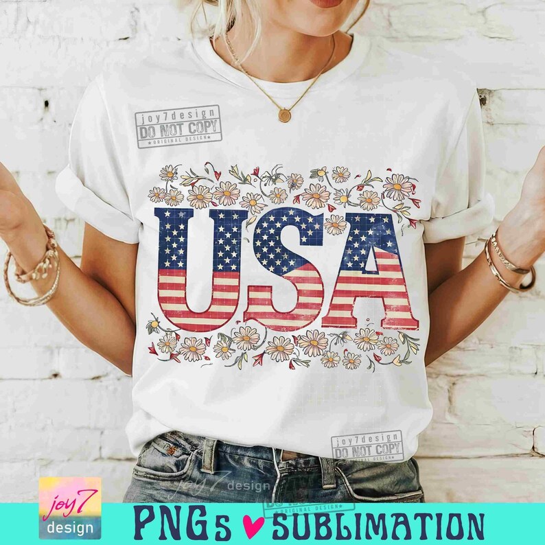 Kwiatowy USA Png Retro USA Png 4 lipca Flaga amerykańska Png Retro Ameryka Dziewczęcy Png Czwarty lipca Dzień Niepodległości USA Sublimacja Oryginał zdjęcie 3