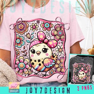 May include: Pink t-shirt featuring a colorful graphic of a cartoon chick wearing a bow and surrounded by flowers. The design includes the text "JOY7DESIGN" and "2 PNGS".