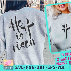 Hij is verrezen SVG PNG, Pasen Svg, Jezus Svg, geloof Svg, kruis hart, christelijke Svg, religieus, God Svg, motiverende Svg, voor- en achterkant Svg
