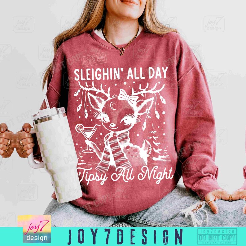 Sleighin All Day Funny Drinking Christmas PNG Retro Reindeer Christmas Drinking Png Tipsy Christmas Alcohol Vintage Xmas Trendy Png ORIGINAL image 5