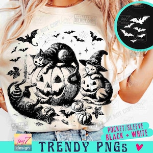 Gato negro calabaza PNG Gato retro de Halloween PNG Divertido Halloween Amante de los gatos PNG Diseños retro de Halloween de brujas de moda Gato espeluznante Otoño ORIGINAL imagen 1