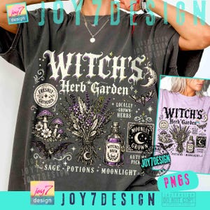 May include: A charcoal gray t-shirt featuring a graphic print with the text Witch's Herb Garden. The design includes illustrations of a lavender bouquet, mushrooms, a moth, a crescent moon, and a bottle labeled Witches Brew with a skull icon.