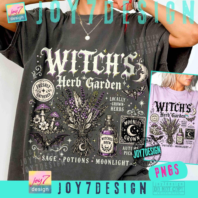 May include: A charcoal gray t-shirt featuring a graphic print with the text Witch's Herb Garden. The design includes illustrations of a lavender bouquet, mushrooms, a moth, a crescent moon, and a bottle labeled Witches Brew with a skull icon.