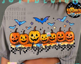 Pompoenen Spooky Season PNG Pumpkin Scary Face Spooky Halloween Retro geruit Halloween-shirtontwerp Spooky herfst Trendy Halloween ORIGINEEL