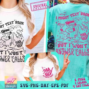 Peut inclure: T-shirts blancs et turquoise avec un motif graphique représentant un flamant rose portant des lunettes de soleil, un cocktail et le texte "I might text back but I won't answer calls". Le motif comprend un palmier et une main de squelette.