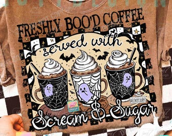 Freshly Boo’d Coffee Halloween PNG Trendy Caffeine lover Retro Checkered Spooky Humor ORIGINAL Design
