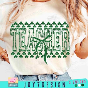 Teacher St Patricks PNG Teacher Varsity Shamrock Coquette St Patricks Day Png Coquette Bow Patty's Day Retro Teacher St Patricks PngORIGINAL
