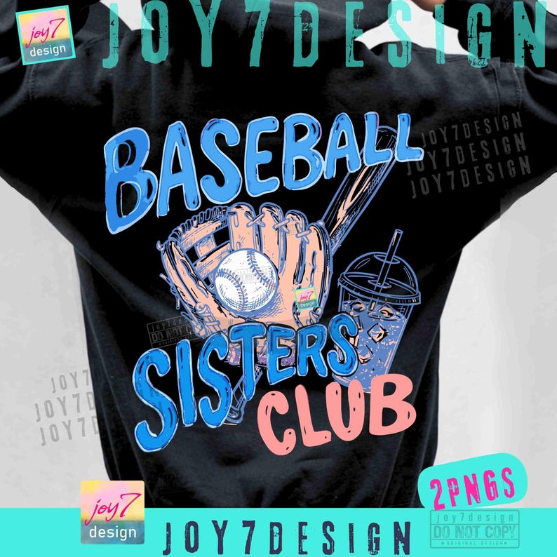 May include: Black sweatshirt with a baseball-themed graphic. The design features the word "BASEBALL" in blue, a baseball glove, a baseball, and the words "SISTERS CLUB" in blue and pink. A drink with ice and a straw is also included.