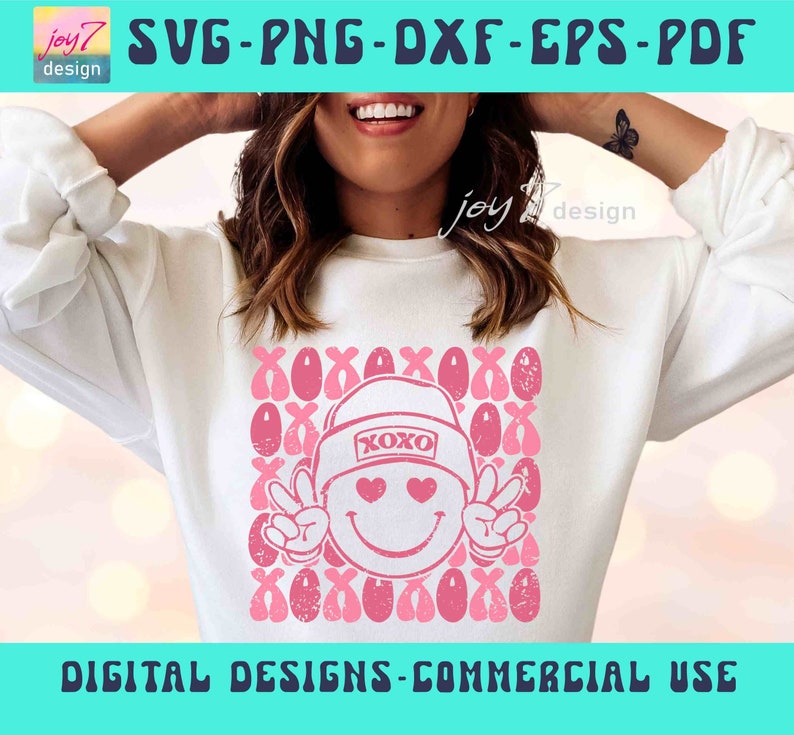 XOXO SVG PNG Love Happy Face Png Retro Valentines Day Hugs and Kisses ...