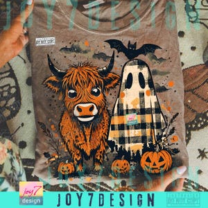 Cute Fall Highland Cow Ghost PNG Checkered Halloween Western Spooky Season Autumn Cow Shirt design Boo ghost Fall Pumpkin Cow Lover ORIGINAL image 6