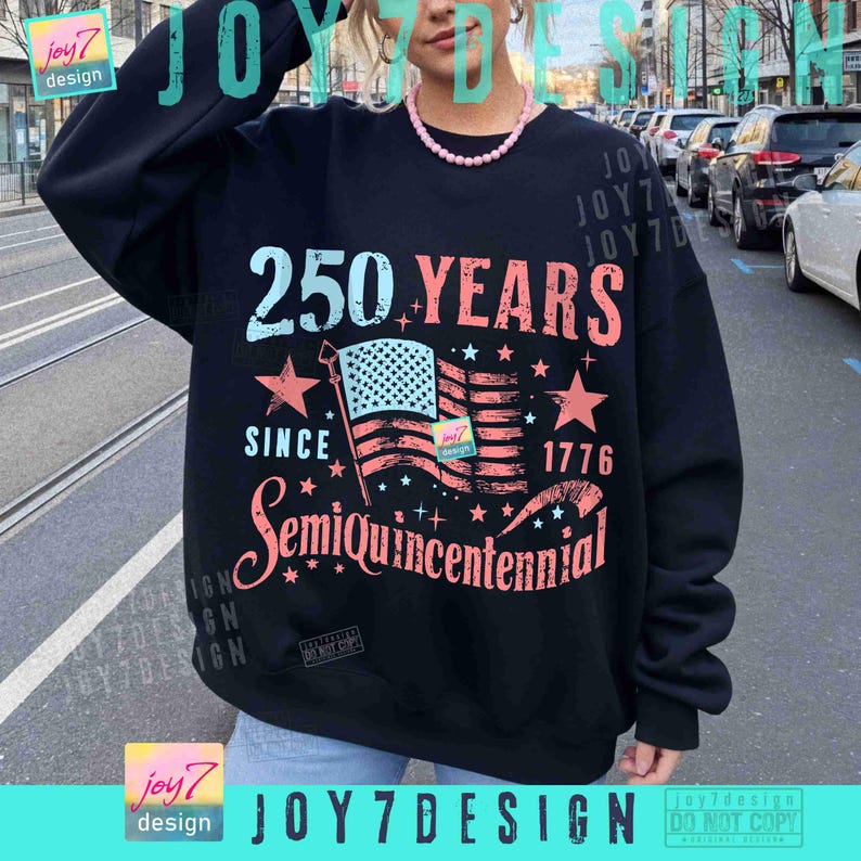 May include: Black sweatshirt with a graphic design celebrating the 250th anniversary since 1776. The design includes the text "250 YEARS", an American flag, stars, and the word "Semiquincentennial".