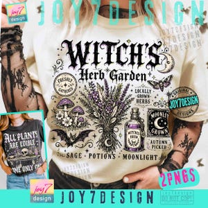 May include: A cream-colored t-shirt featuring a graphic print titled Witch's Herb Garden. The design includes a central lavender bouquet, mushrooms, a bat, a potion bottle labeled Witches Brew, a crescent moon, and text elements like Freshly Gathered, Locally Grown Herbs, Moonlight, Sage, Potions, and Autumn Picked.