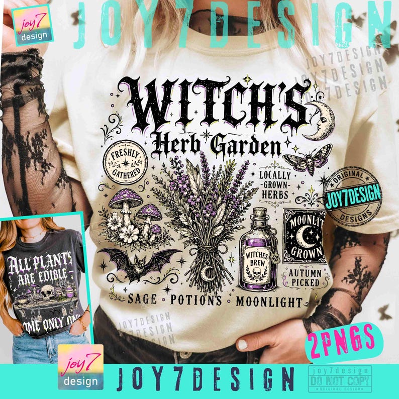 May include: A cream-colored t-shirt featuring a graphic print titled Witch's Herb Garden. The design includes a central lavender bouquet, mushrooms, a bat, a potion bottle labeled Witches Brew, a crescent moon, and text elements like Freshly Gathered, Locally Grown Herbs, Moonlight, Sage, Potions, and Autumn Picked.