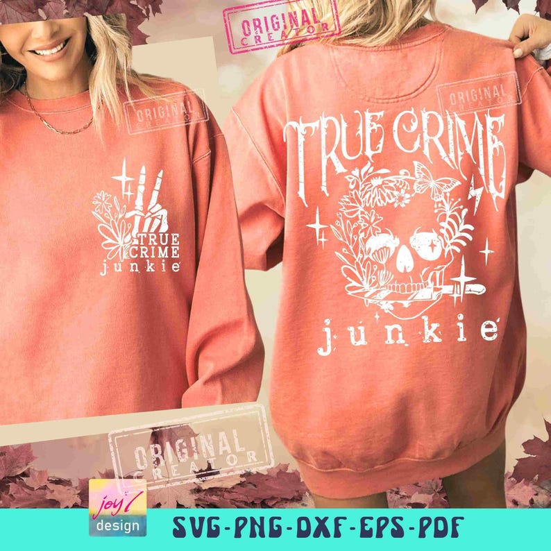 True Crime Junkie SVG PNG Horror movies Adult Humor Boho Retro Gothic Flower Skull Retro Sublimation Fall Cut File Front Back Svg Original image 6