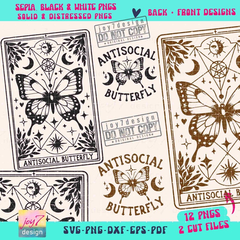 Antisocial fjäril tarotkort SVG PNG sarkastisk Svg tarotkort Png häxig rolig retro sublimering tarot klippfil fram bak Svg original bild 2