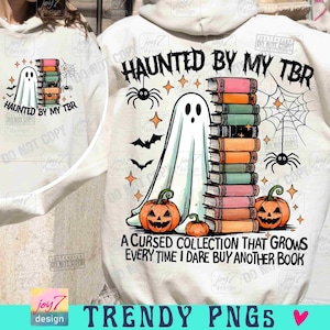 Embrujado por mi libro TBR Halloween PNG Fantasma de la biblioteca Amante de los libros Retro Halloween Lindo Lectura Fantasma Moderno Librero Divertido Halloween Png ORIGINAL