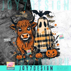 Cute Fall Highland Cow Ghost PNG Checkered Halloween Western Spooky Season Autumn Cow Shirt design Boo ghost Fall Pumpkin Cow Lover ORIGINAL image 2