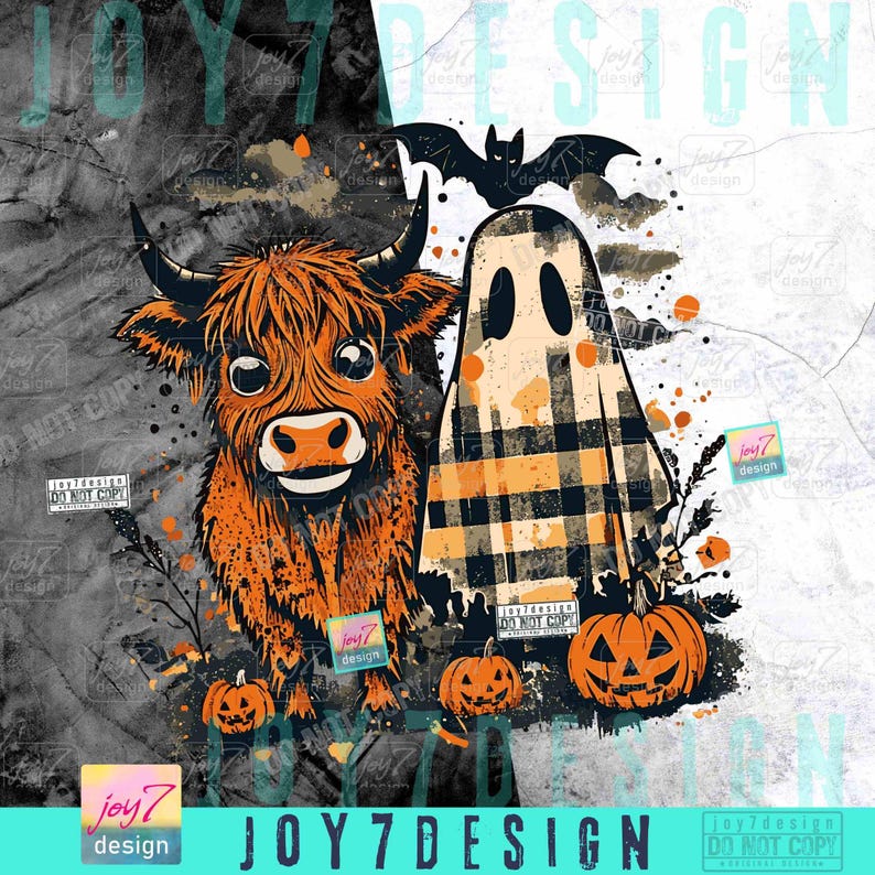 Cute Fall Highland Cow Ghost PNG Checkered Halloween Western Spooky Season Autumn Cow Shirt design Boo ghost Fall Pumpkin Cow Lover ORIGINAL image 2