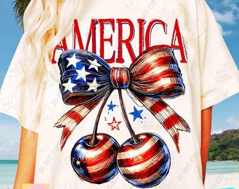 America Cherry Coquette Bow PNG Trendy Girly 4th of July Png Retro Fourth of July Coquette America Cherries Cute Independence Day ORIGINAL