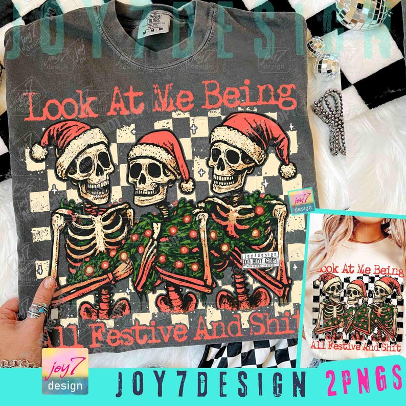 Festive Skeletons Funny Christmas Skeleton Santa PNG Retro Checkered Christmas Humor Santa Xmas Skeleton Funny Christmas Trendy Png ORIGINAL image 1