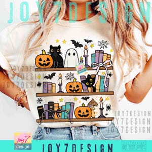 Halloween Bookshelf PNG Boo Ghost Reading Book Coquette Bow Halloween Book Png Cute Black Cat Halloween Sublimation Design Library ORIGINAL image 4