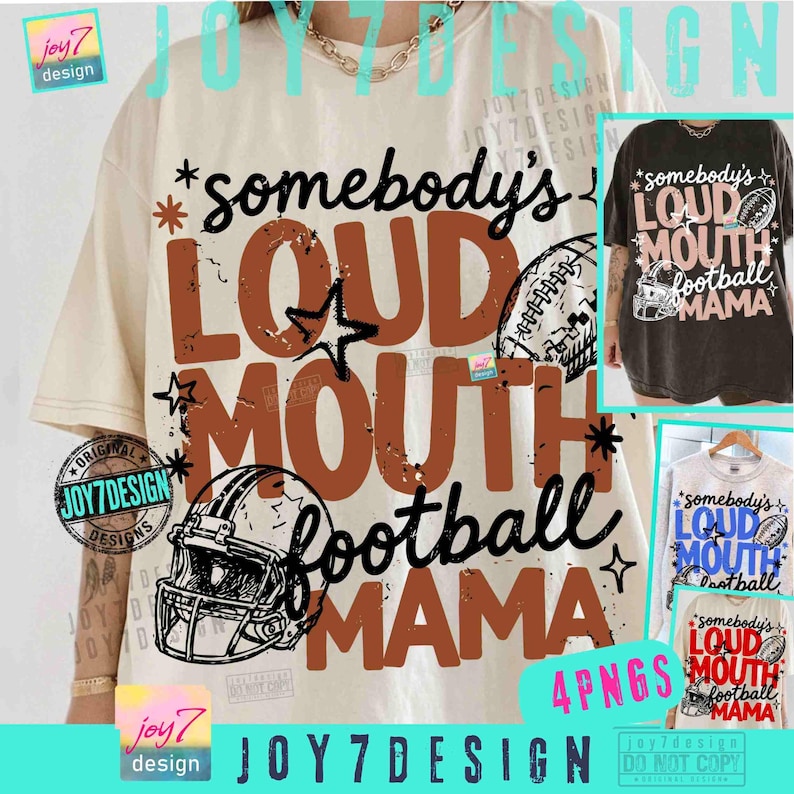 May include: A cream-colored t-shirt featuring the text "somebody's LOUD MOUTH football MAMA" in brown and black lettering. The design includes graphic illustrations of a football helmet and a football, accented with small star shapes.