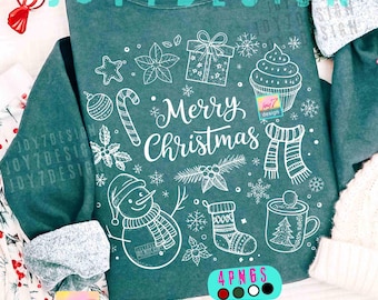May include: A teal sweatshirt with a white graphic design featuring Christmas-themed illustrations, including a snowman, snowflakes, and a mug. The words "Merry Christmas" are prominently displayed. The design also includes a gift, a cupcake, and a stocking.