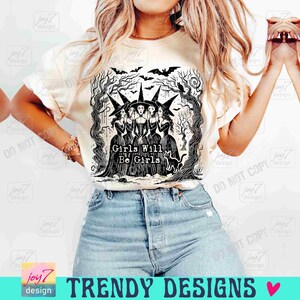 Las chicas serán chicas Brujas PNG Bruja de Halloween retro PNG Divertido Halloween PNG Camiseta vintage de Halloween de moda PNG Vibras de brujas Espeluznante ORIGINAL imagen 5