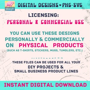 text that provides information about the use of designs for personal and commercial purposes, specifically for physical products such as T-shirts, stickers, mugs, and other small business product lines. It also mentions that these files can be used for DIY projects and small business product lines, and that there is an instant digital download available.