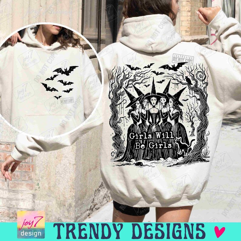 Las chicas serán chicas Brujas PNG Bruja de Halloween retro PNG Divertido Halloween PNG Camiseta vintage de Halloween de moda PNG Vibras de brujas Espeluznante ORIGINAL imagen 3