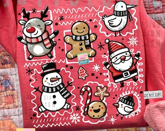 May include: Red sweatshirt with a festive Christmas design. Features cartoon illustrations of a reindeer, gingerbread man, snowman, Santa Claus, bird, and cookie. The text "JOY7DESIGN 2PNGS" is at the bottom.