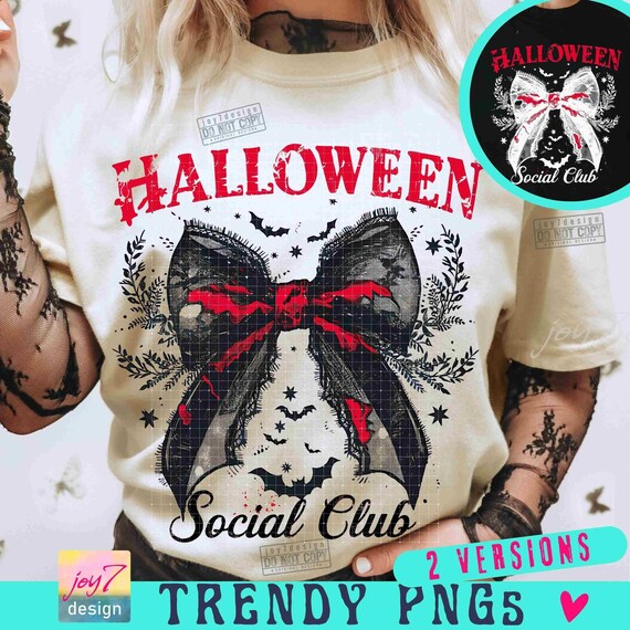 Halloween Social Club PNG Coquette Halloween Club Png Gothic Girly Png Spooky Season Trendy Halloween Bow Retro Halloween Shirt Png ORIGINAL
