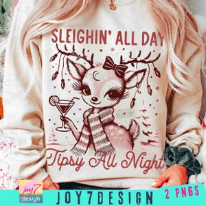 Sleighin All Day Funny Drinking Christmas PNG Retro Reindeer Christmas Drinking Png Tipsy Christmas Alcohol Vintage Xmas Trendy Png ORIGINAL image 1